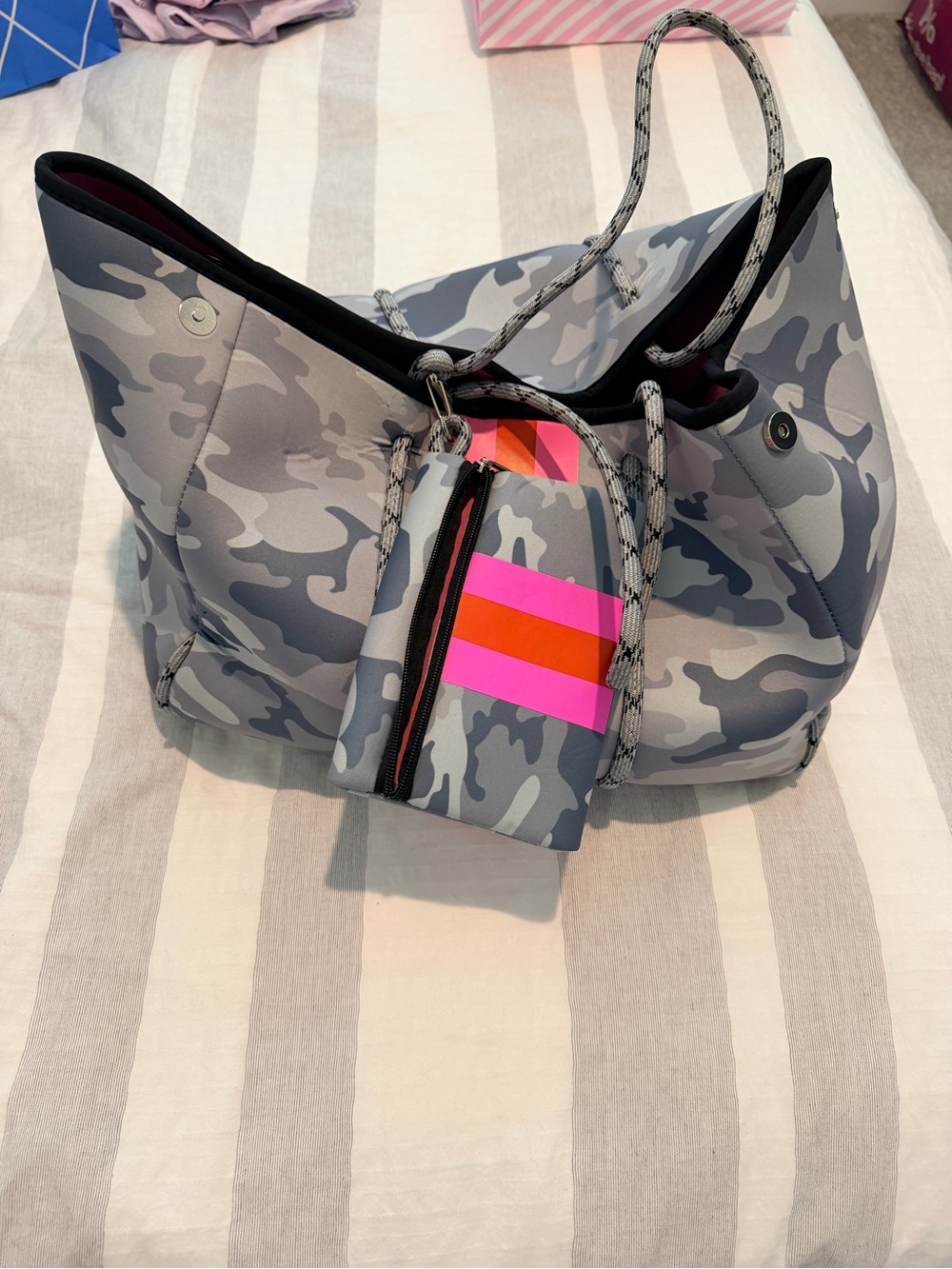 Gray Camo Neoprene Tote with Pink Accent Pouch
